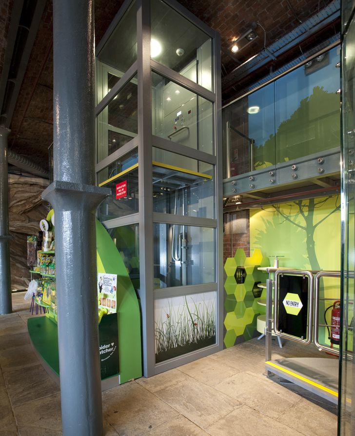 Operates within its own structure-supported enclosure and fully-glazed shaft, with a ramp to ease entry and exit.