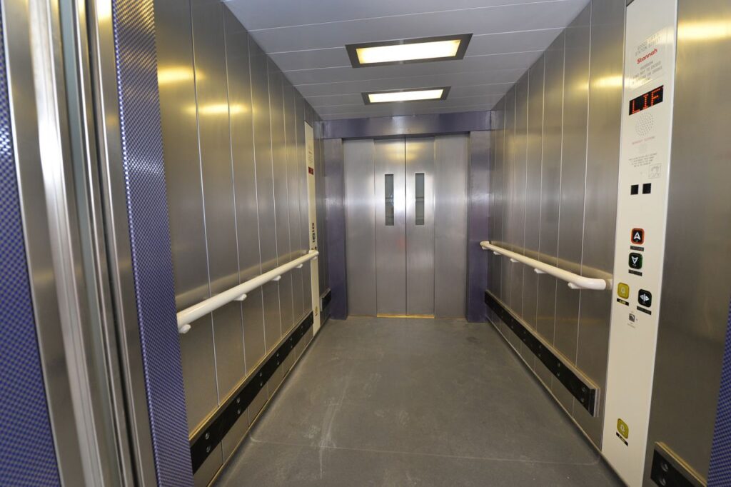Inside a passenger/goods lift: built to withstand 24/7 use and abuse.