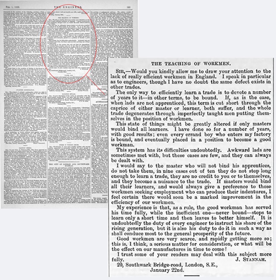 Letter from Joseph Stannah to The Engineer in 1889
