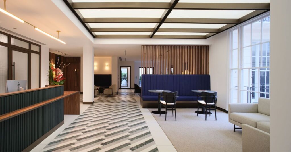 Suffolk St James reception area leading to floor access. Photograph courtesy of BW: Workplace Experts