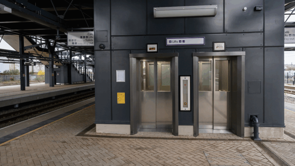 View of the lifts from the Brent Cross West railway station platform. Image credit Thameslink.