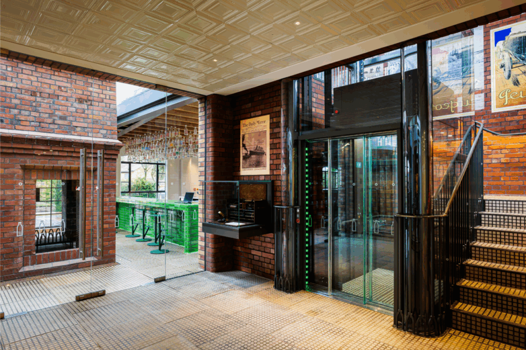 View of The Creamery 8-person hydraulic passenger lift and trackside cafe
