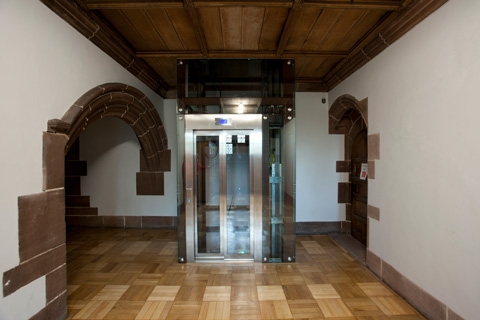 Glass passenger lift at Liverpool Cathedral.