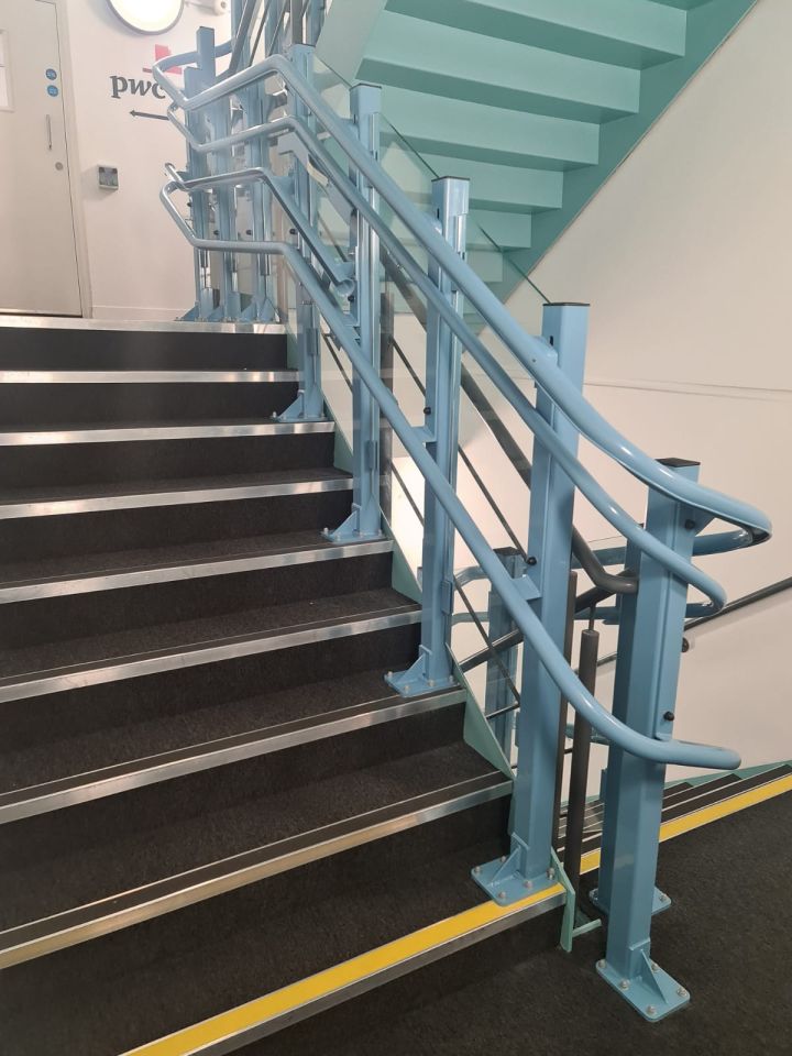 The stairlift serves three stops, parking over the lower stairs and travelling up seven flights of stairs.