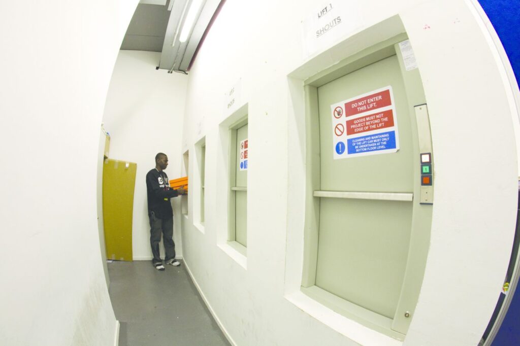 The bank of 4 Microlifts: shifting goods between the stockroom and sales floors.