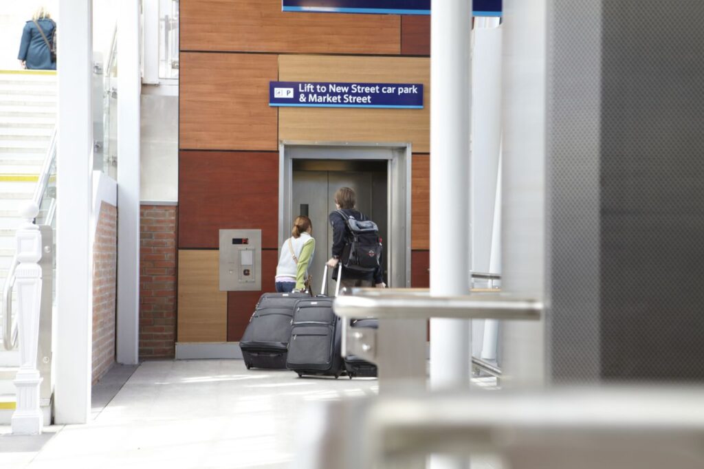 The New Street lift serves three floors to include the new bridge level and the new entrance on Market Street.