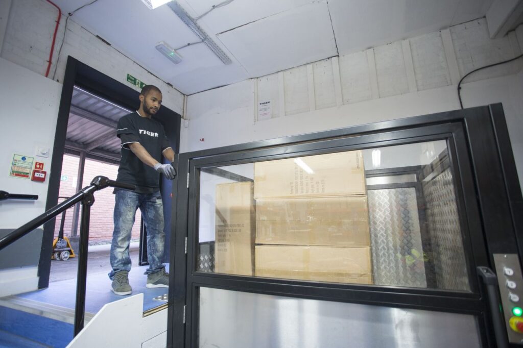 Levelmaster goods step lift in split-level Tiger storeroom