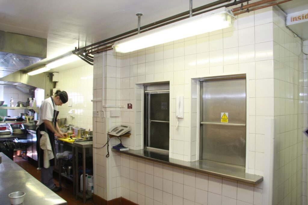 With heated feature, they move food and tableware between the cellar kitchen to dining venues ranged over 3 floors.